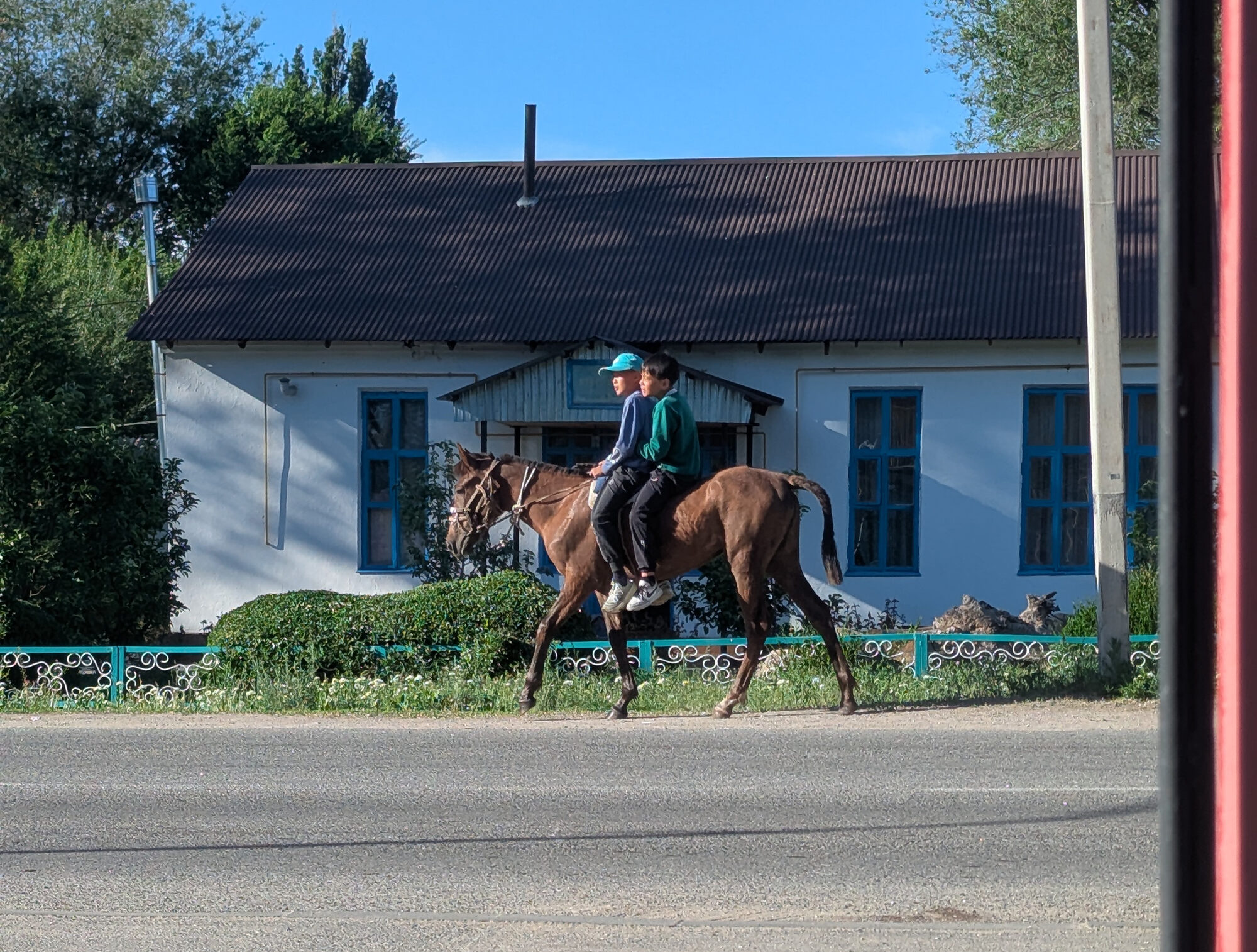 Two Kazakh children riding a horse for transport